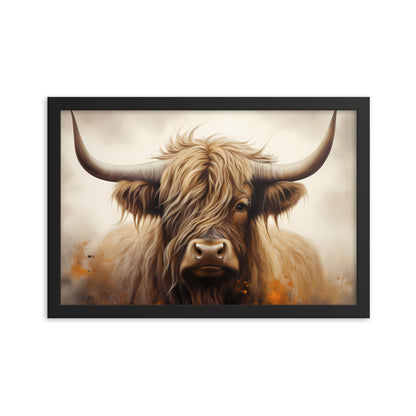 Framed Print Artwork Strong Stunning Highlander Bull Warm Fiery Flames Emotional Stylish Bull Staring Into The Viewer Captivating Highly Detailed Painting Style Perfect To Warm Up A Homestead Or Country Home Framed Poster 12x18"