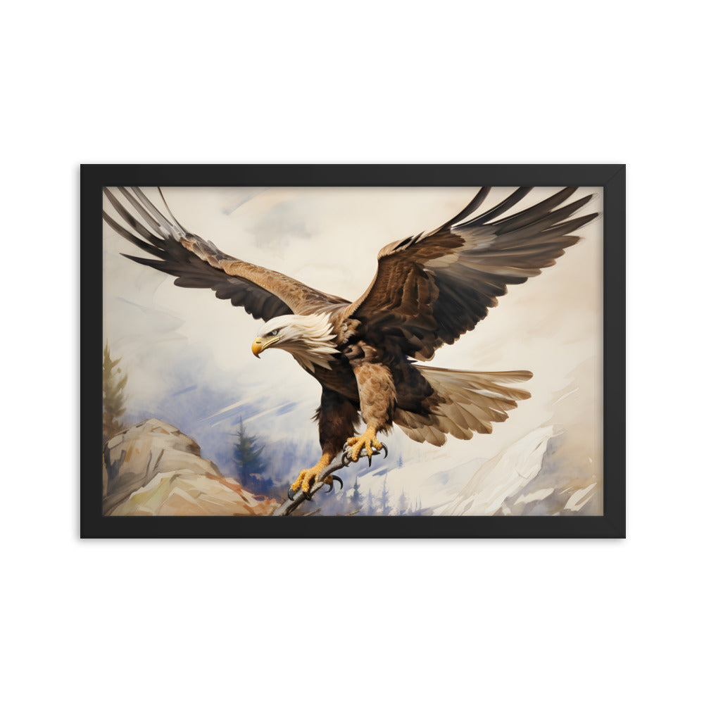 Framed Artwork Strong Soaring Bald Eagle Snowy Mountains Detailed Painting 12x18"