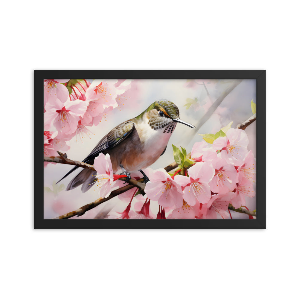 Framed Print Artwork Humming Bird Perched On Tree Branch Amongst Cherry Blossoms Framed Poster Artwork 12x18"