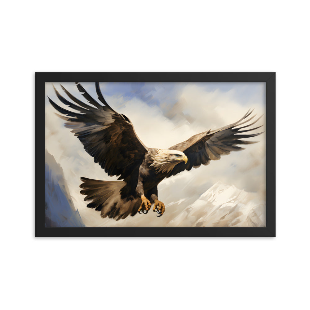 Framed Artwork Print Strong Soaring Bald Eagle Snowy Mountains Detailed Painting, Large Wing Span Mid Flight Ready To Swoop 12x18"