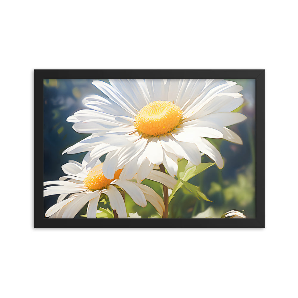 Framed Print Double Daisy Realistic Oil Painting Nature Inspired Artwork Stunning Sunlit Twin Daisy Blooming Oil Painting Style 12x18"
