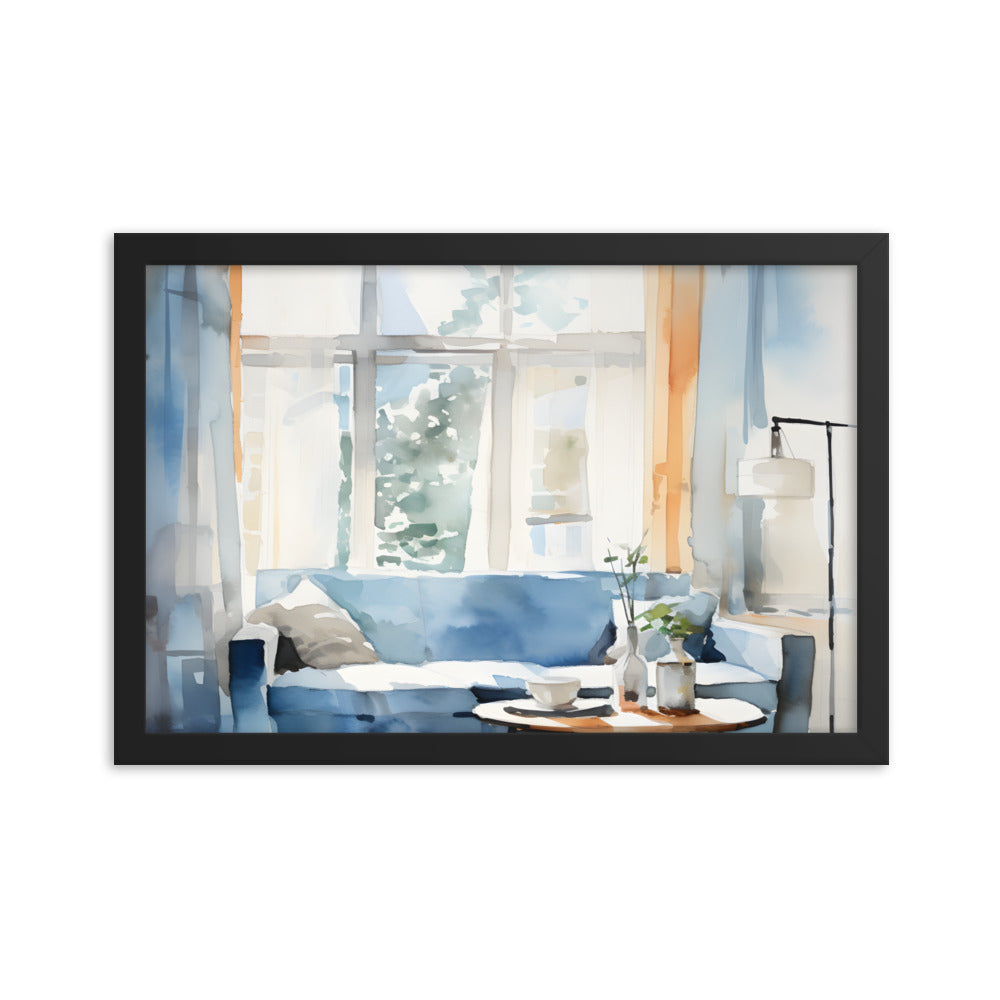 Framed Print Artwork Water Color Style Home Decor Large Windows Sun Lit Room Light Cool Colors Water Color Style Interior Design Lifestyle Framed Poster 12x18"