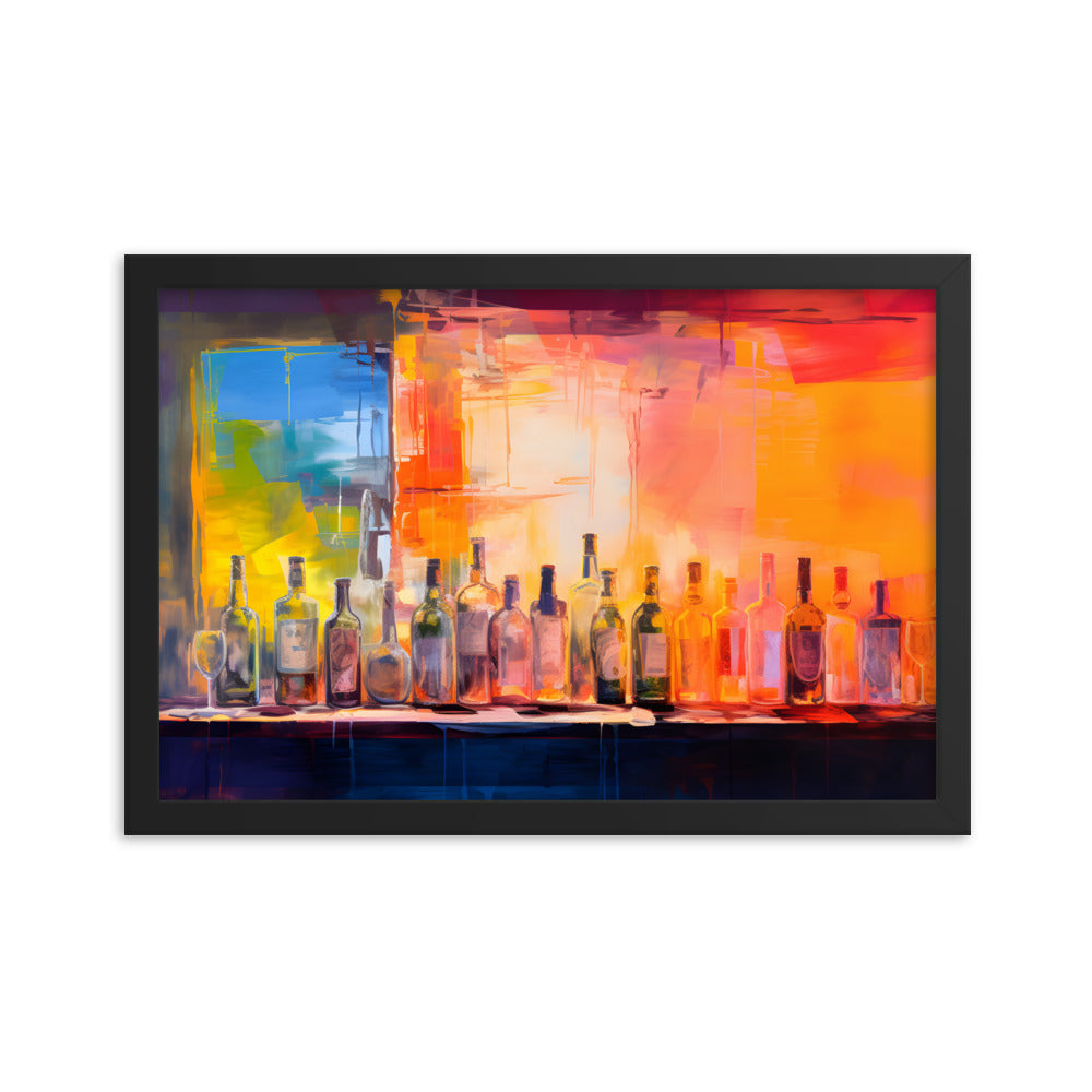 Framed Print Artwork Alcohol Bar Filled With Bottles Of Alcohol Night Life Vibrant Oil Painting Style Colorful Party Drinking Lifestyle Framed Poster 12x18"