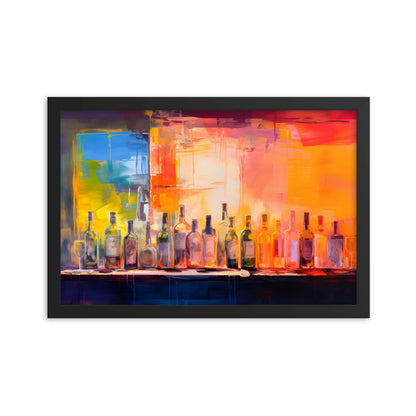 Framed Print Artwork Alcohol Bar Filled With Bottles Of Alcohol Night Life Vibrant Oil Painting Style Colorful Party Drinking Lifestyle Framed Poster 12x18"