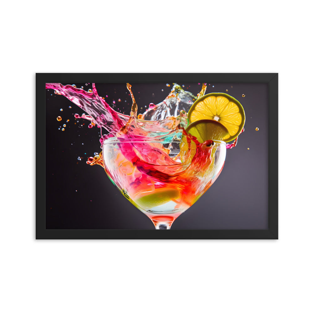 Framed Print Artwork Bright Colorful Cocktail Splashing Out Of The Glass Framed Poster Painting Alcohol Art 12x18"