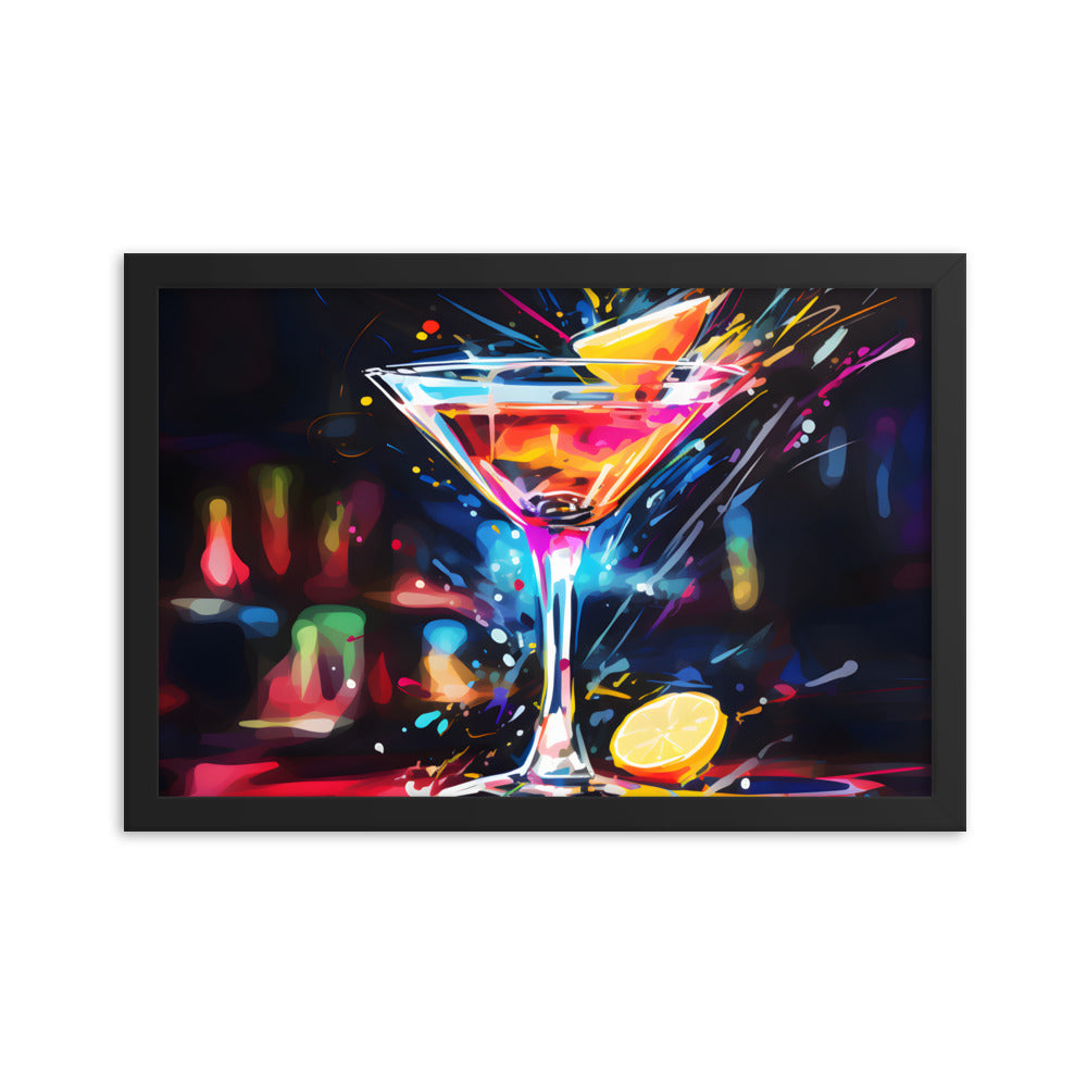 Framed Print Artwork Bar/Night Life Art Bright Neon Splashes Surrounding A Martini Glass Full Of Alcohol Framed Poster Painting Alcohol Art Iced Drink Close Up 12x18"