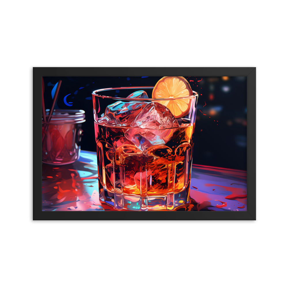 Framed Print Artwork Alcohol And Night Life Bar Art Alcoholic Drink With Ice And Lemon Slice Framed Poster Neon Light Bar Artwork 12x18"