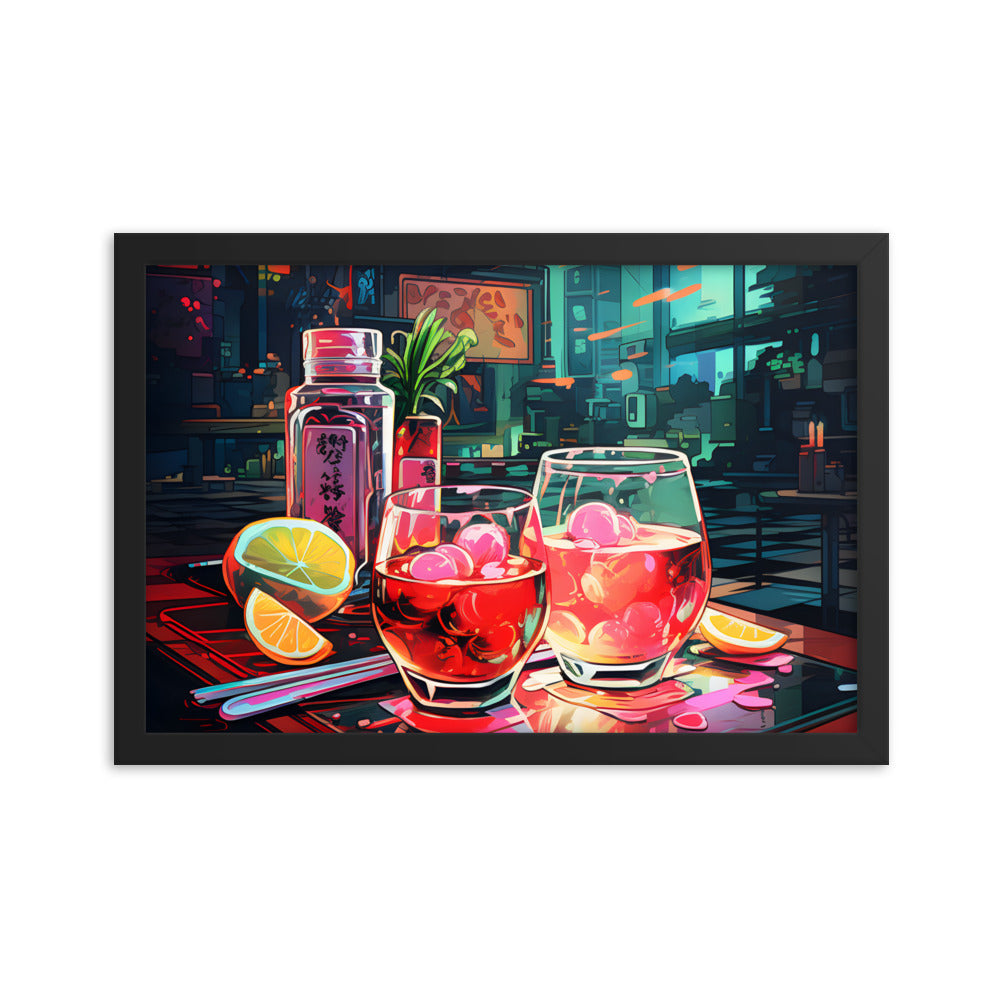 Framed Print Artwork Japanese Manga Style Alcohol And Night Life Bar Art Alcoholic Drink With Ice And Lemon Slice Framed Poster Neon Light Bar Artwork Urban Setting Lifestyle 12x18"