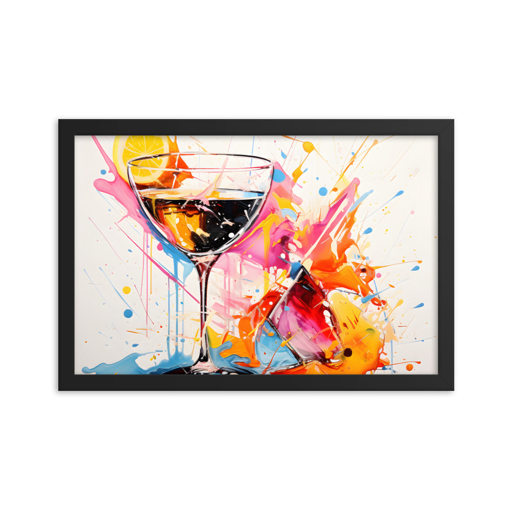 Framed Print Artwork Bright Colorful Cocktail Splashing Out Of The Glass Lemon Slices Lining Champagne Glass Vibrant Bright Drink Inside Glass White Background Attention Grabbing Art Piece Framed Poster Painting Alcohol Art 12x18"