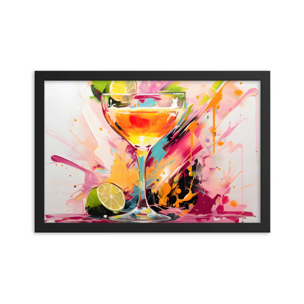 Framed Print Vibrant Alcohol Artwork Lime Slices Lining A Champagne Glass Splashes Of Vibrant Colors Span The Background Attention Grabbing Conversation Starter Framed Poster 12x18"