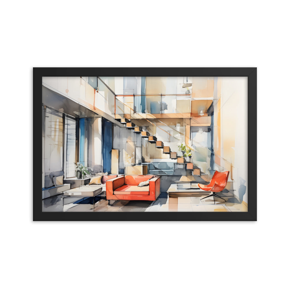 Framed Print Artwork Interior Design Modern Sharp Design Water Color Style Home Decor Red Lounge Lifestyle Framed Poster 12x18"