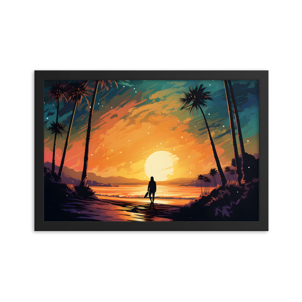 Framed Print Lifestyle/Ocean Side Artwork Smooth Ocean Water Dark Sunset Palm Tree Silhouettes Line The Pathway Large Sun Setting In Line With Perspective Moon Lit Star Filled Night Sky Framed Poster Artwork 12x18"