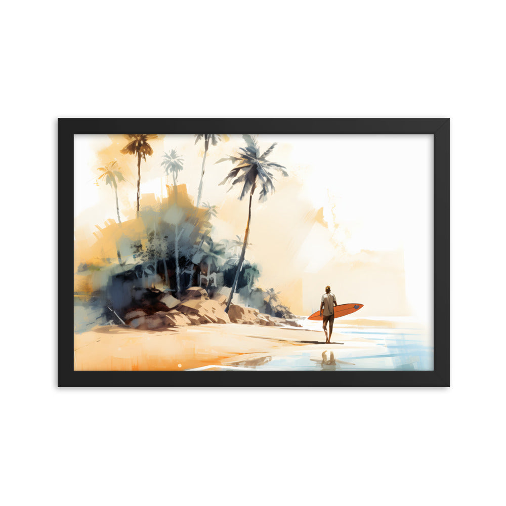 Framed Print Artwork Beach Ocean Surfing Art Surfer Walking Up The Beach Holding Surfboard Palm Trees Sets The Tone Framed Poster Artwork 12x18"
