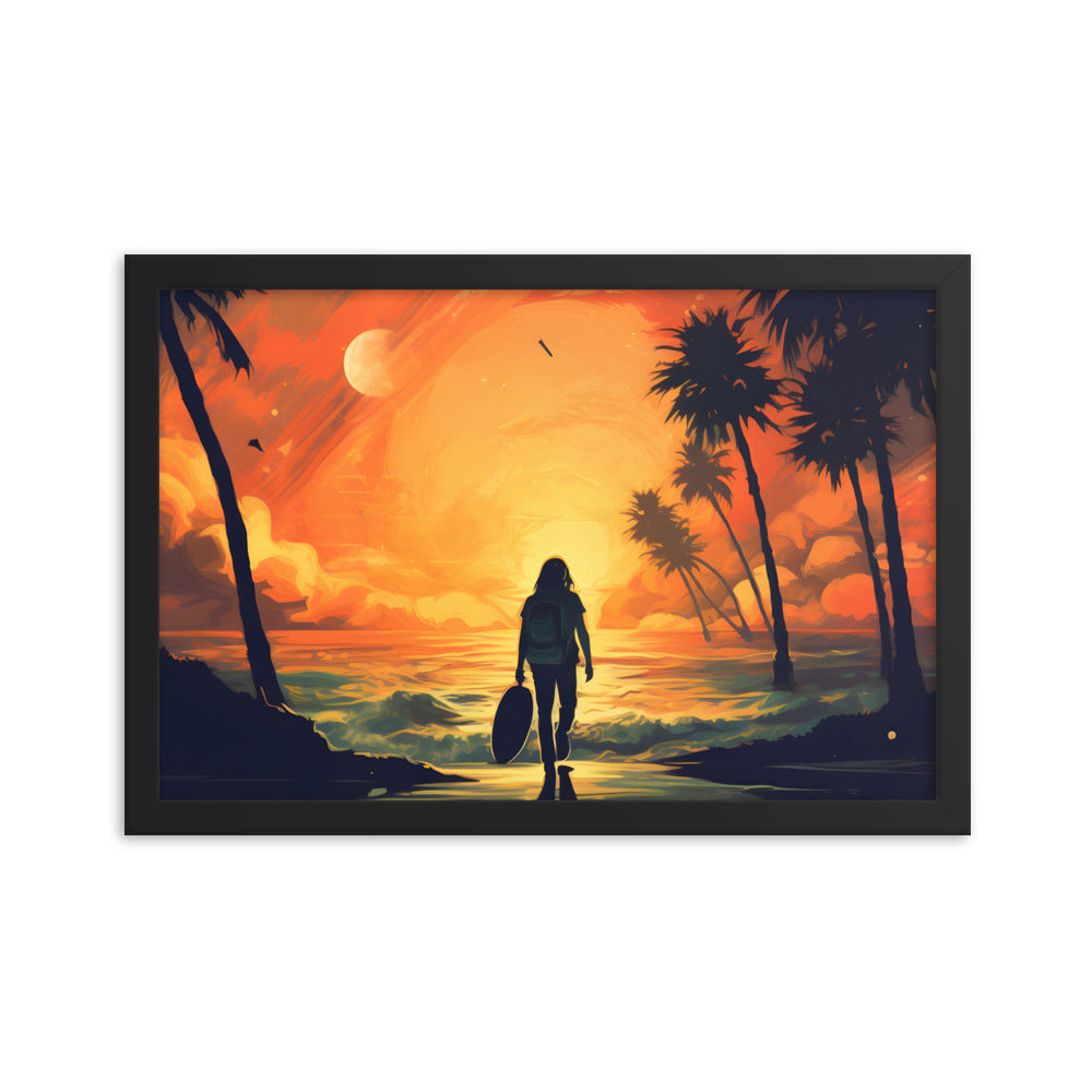 Framed Print Artwork Beach Ocean Surfing Warm Suns Set Art Surfer Walking Down To The Beach Holding Surfboard Palm Tree Silhouettes Sets The Tone Framed Poster Artwork