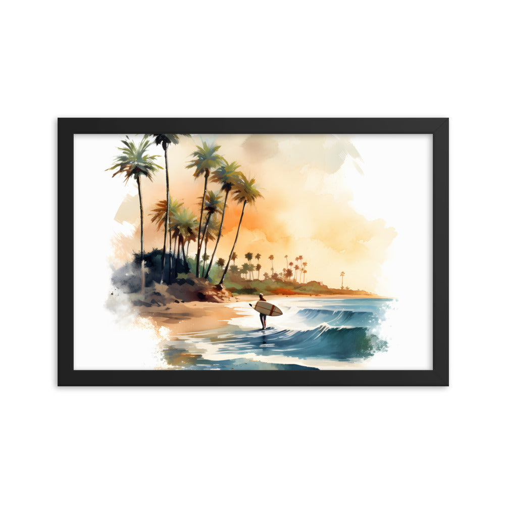 Framed Lifestyle/Ocean Side Artwork Stunning Watercolor Style Framed Painting Waves Surfer Surfing