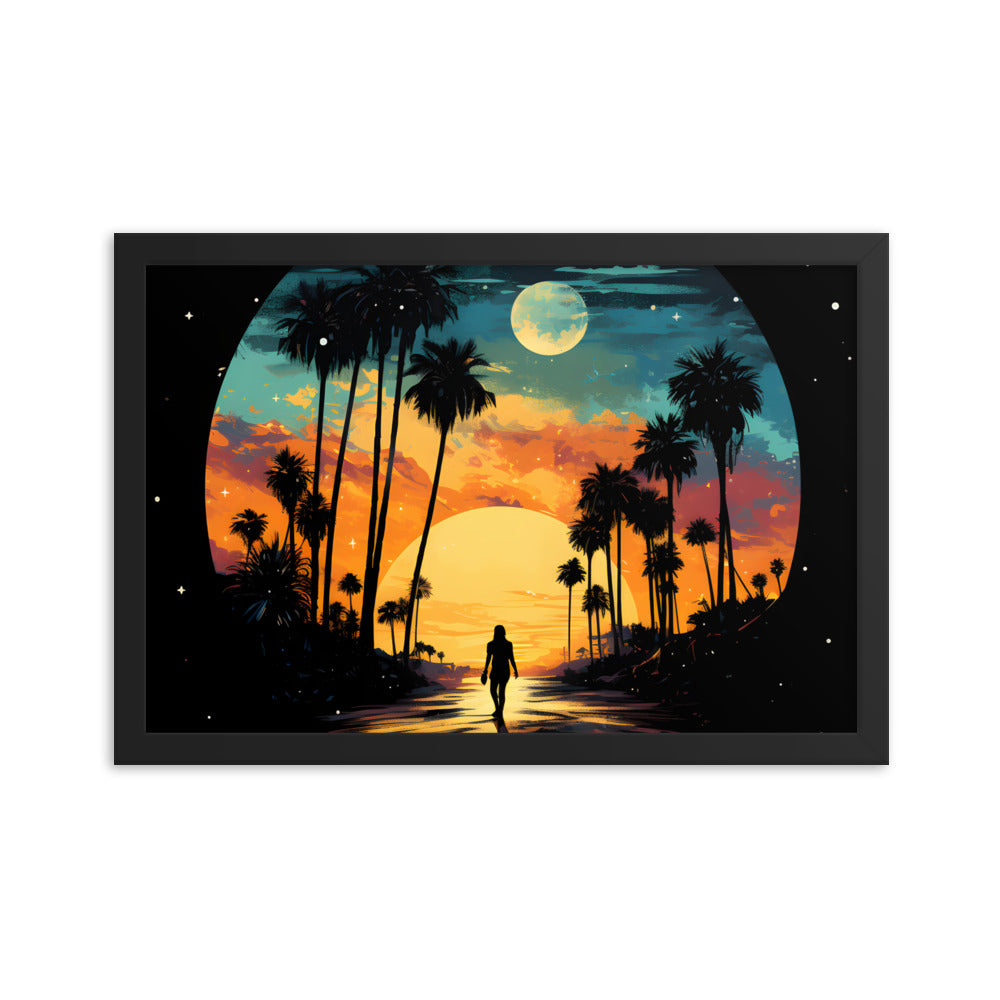 Framed Print Lifestyle/Ocean Side Artwork Dark Sunset Palm Tree Silhouettes Line The Pathway Large Sun Setting In Line With Perspective Moon Lit Star Filled Night Sky Framed Print Artwork 12x18"