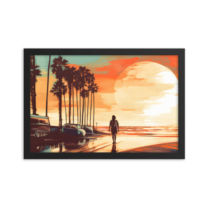 Framed Print artwork sunset watercolor oceanside framed painting Warm Colors Vintage Cars And A Large Sun Setting Into The Horizon Framed Print Artwork 12x18"