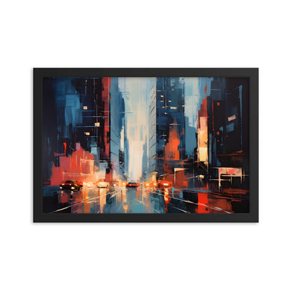Framed Print Abstract Urban Mystique Dense City Art Cars Driving Through City Conversation Starter Framed Poster Busy City Streets People Walking Through A City With Large Buildings 12x18"