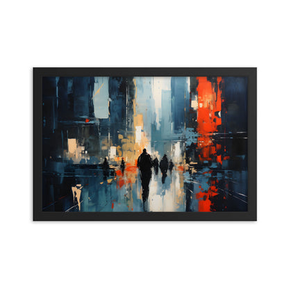 Framed Print Abstract Urban Mystique Conversation Starter Framed Poster Busy City Streets People Walking Through A City With Large Buildings 12x18"