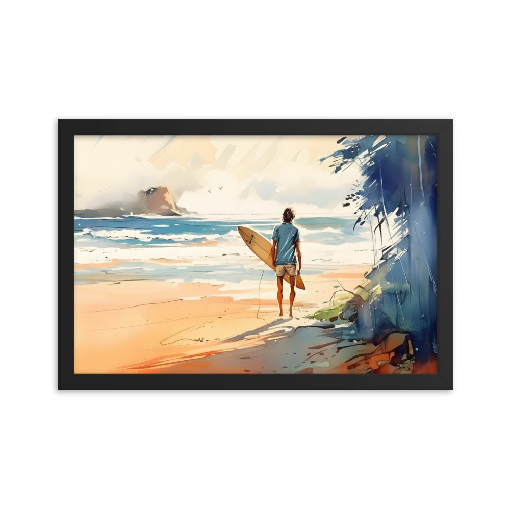 Framed Poster Beach Ocean Lifestyle Watercolor Style Painting Framed Artwork Print Surfer Looking Out For the Perfect Spot 12x18 inch horizontal