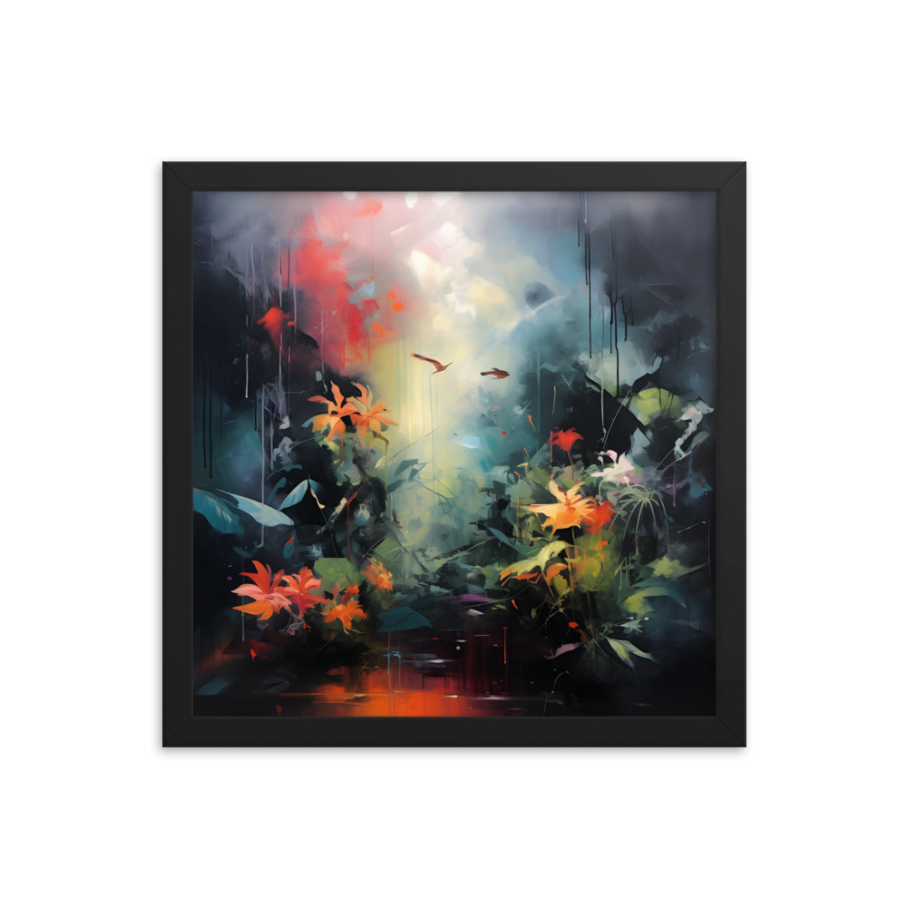 Framed Print Abstract Artwork Bright Vibrant Colorful Jungle Scene Moody Dense Abstract Art Framed Poster 14x14"