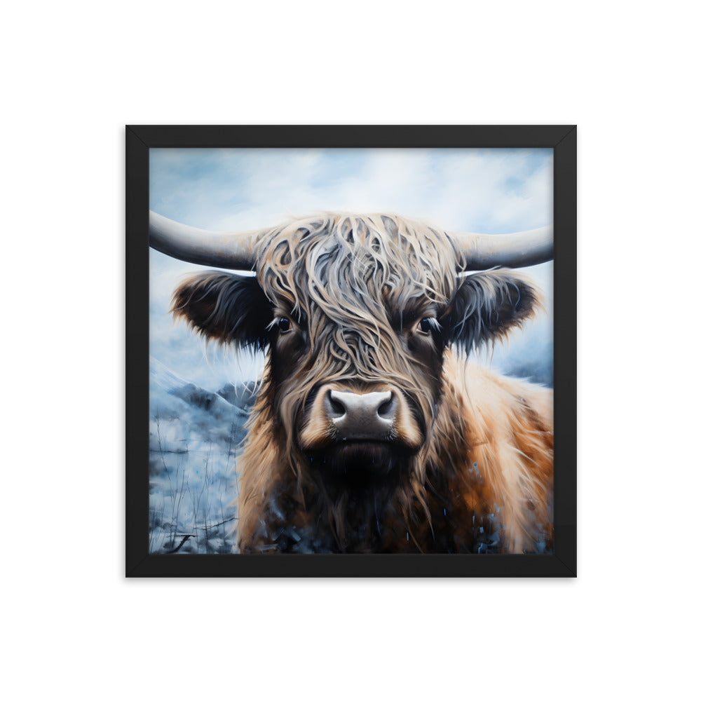 Framed Print Poster Artwork Strong Stunning Highlander Bull Emotional Staring Into The Viewer Captivating Highly Detailed Painting Style 14x14"