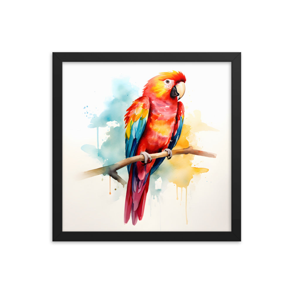 Framed Print Poster Artwork Bright Red Parrot With Rainbow Wings Perched On A Tree Branch Nature Influenced Water Color Painting Style 14x14"