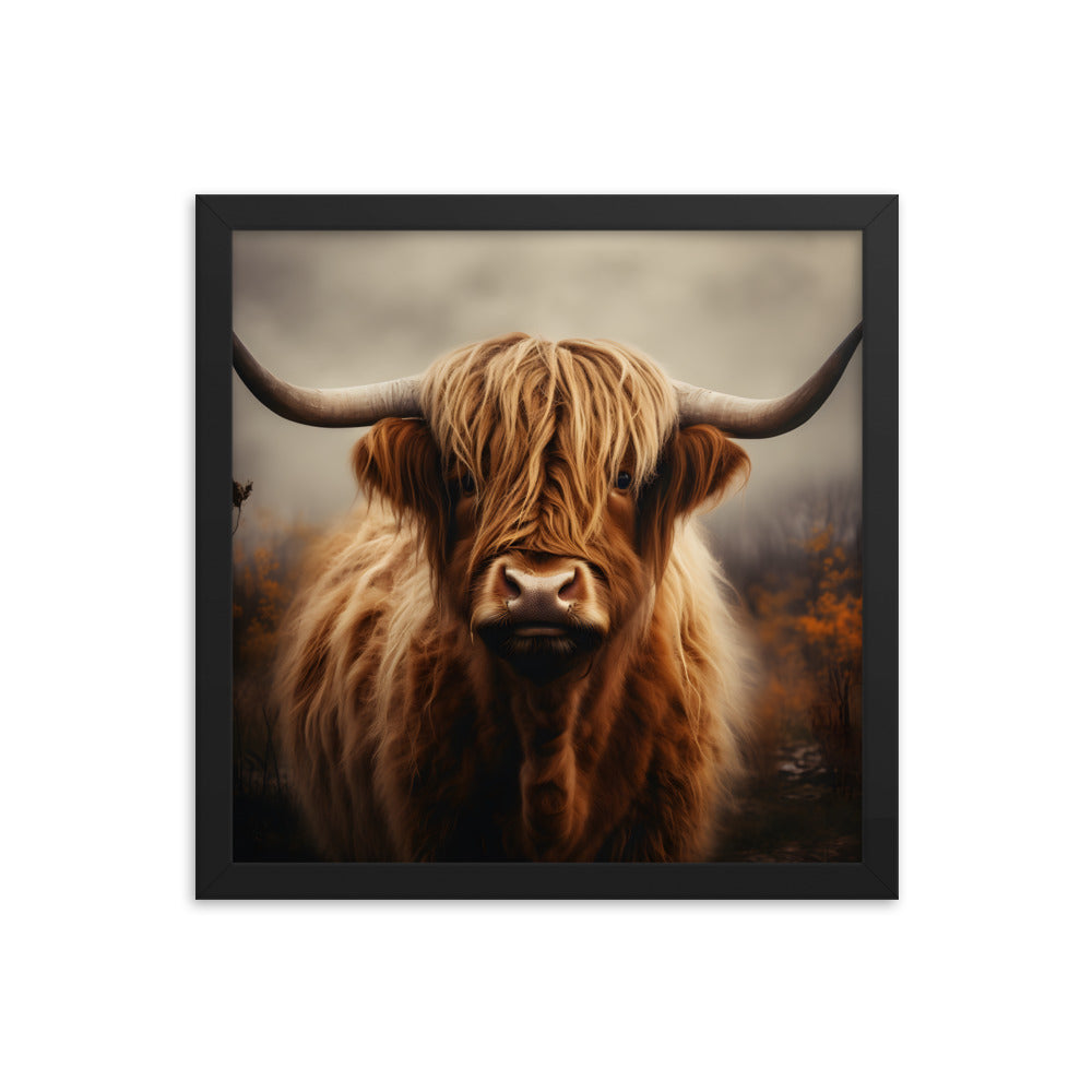 Framed Print Artwork Strong Stunning Dull Dark Gloomy Fierce Fire Highlander Bull Warm Fiery Background Emotional Staring Into The Viewer Captivating Highly Detailed Painting Style Perfect To Warm Up A Homestead Or Country Home Framed Poster 14x14"