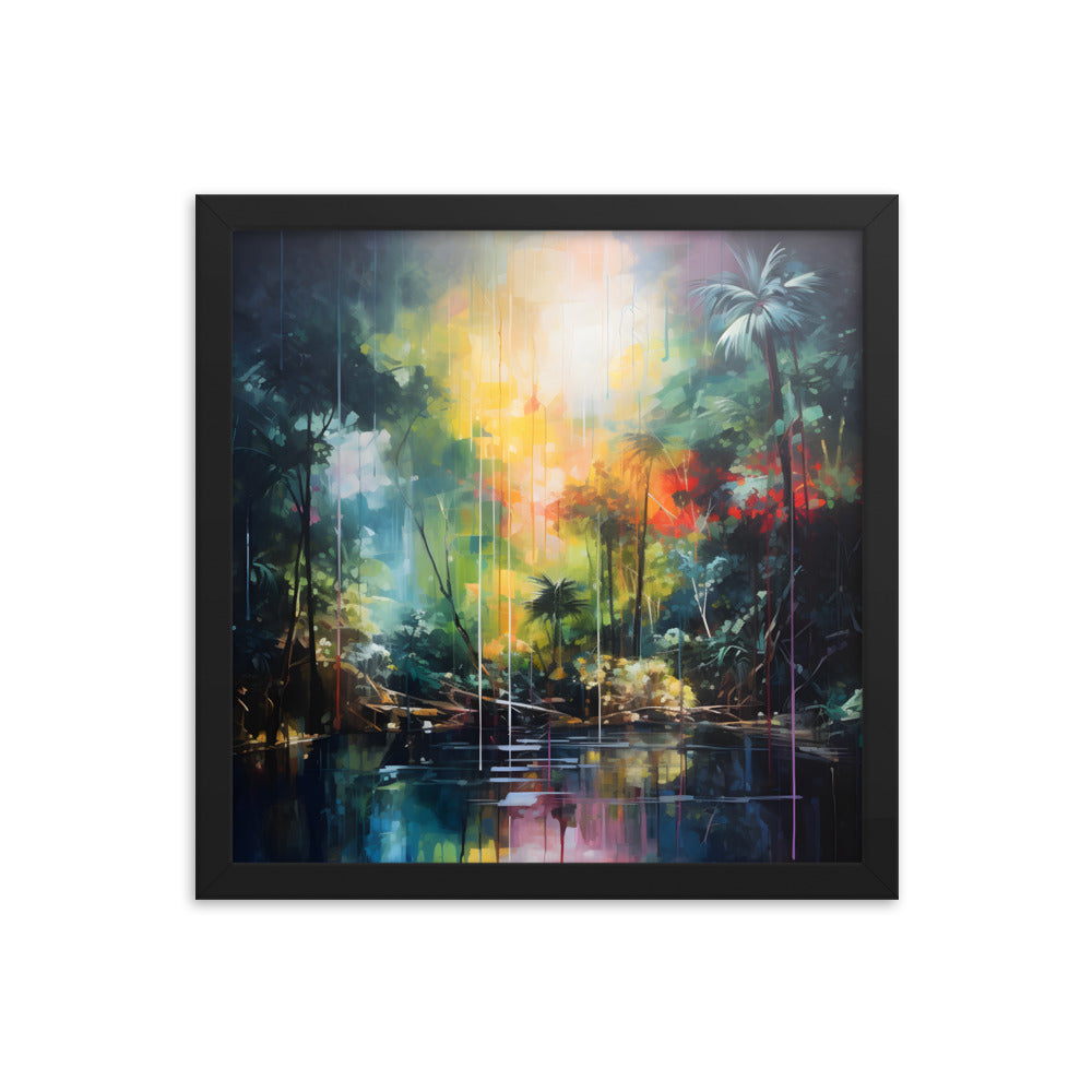 Framed Print Abstract Artwork Bright Vibrant Colorful Rainbow Jungle Behind A Pond Oil Painting Style Abstract Art Framed Poster Nature 14x14"