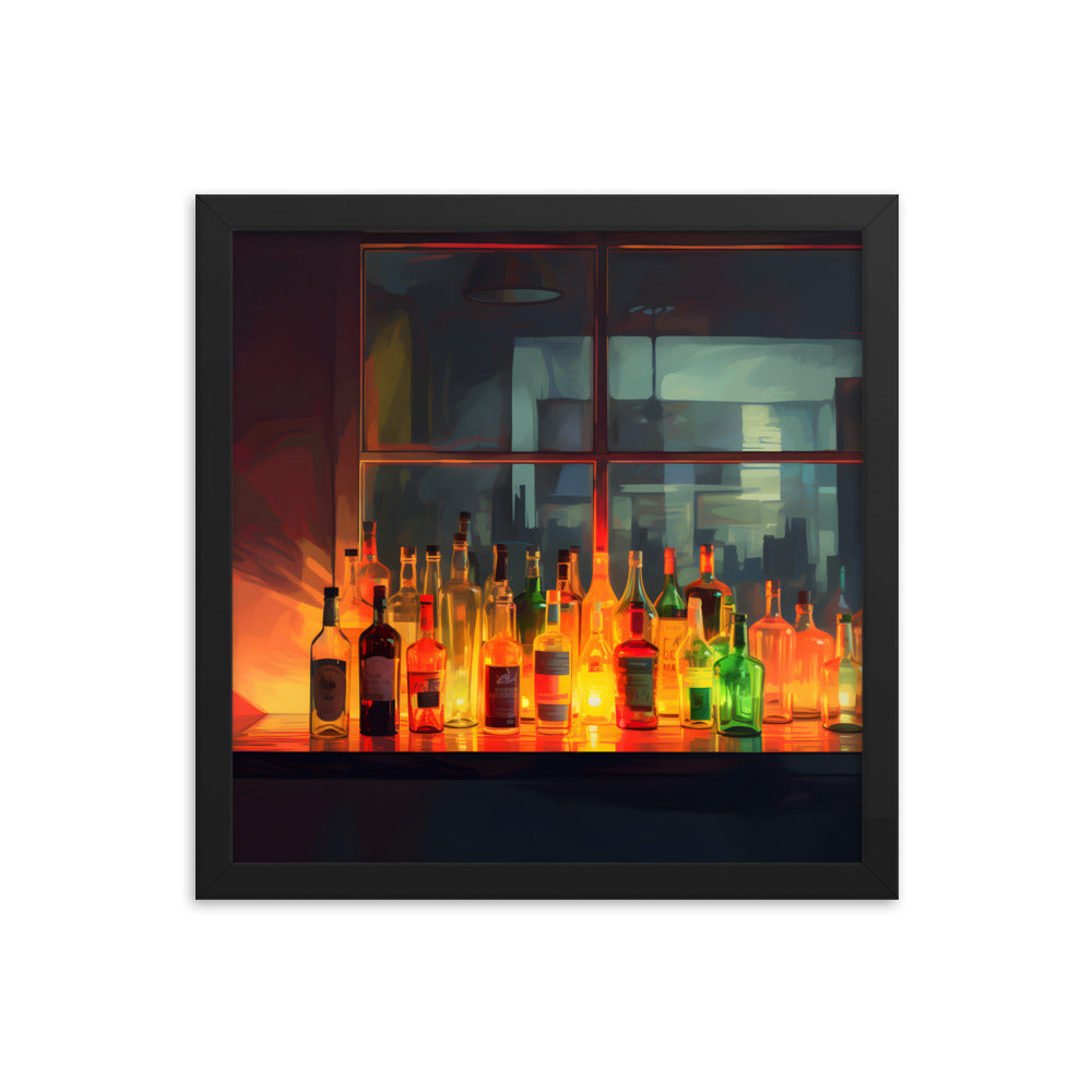 Framed Print Artwork Alcohol Bar Night Life Vibrant Colorful Well Lit Bar With Alcohol Bottles Lined Up Party Drinking Lifestyle Framed Poster 14x14"