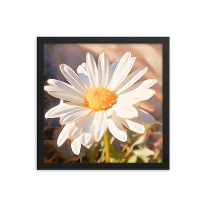 Framed Nature Inspired Artwork Stunning Sunlit Daisy Blooming Oil Painting Style 14x14"