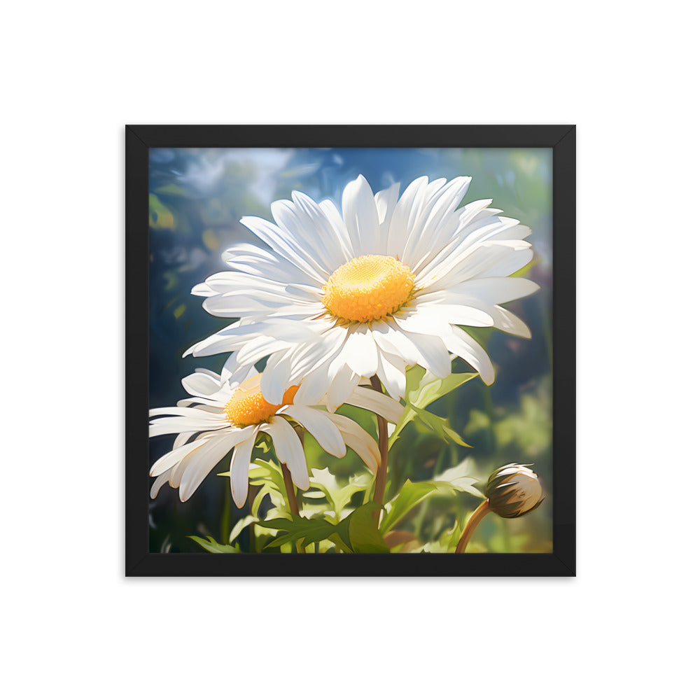 Framed Print Double Daisy Realistic Oil Painting Nature Inspired Artwork Stunning Sunlit Twin Daisy Blooming Oil Painting Style 14x14"