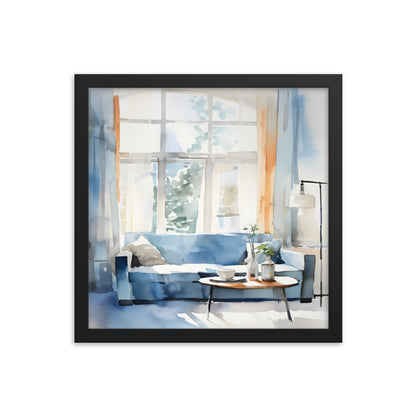 Framed Print Artwork Water Color Style Home Decor Large Windows Sun Lit Room Light Cool Colors Water Color Style Interior Design Lifestyle Framed Poster 14x14"