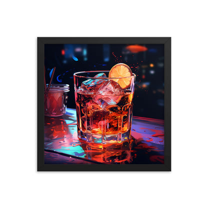 Framed Print Artwork Alcohol And Night Life Bar Art Alcoholic Drink With Ice And Lemon Slice Framed Poster Neon Light Bar Artwork 14x14"