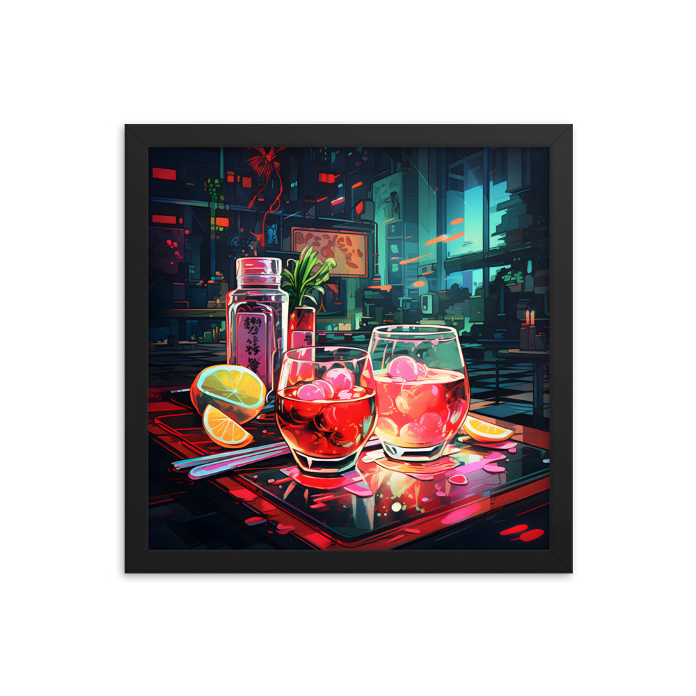 Framed Print Artwork Japanese Manga Style Alcohol And Night Life Bar Art Alcoholic Drink With Ice And Lemon Slice Framed Poster Neon Light Bar Artwork Urban Setting Lifestyle 14x14"