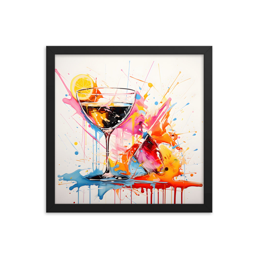 Framed Print Artwork Bright Colorful Cocktail Splashing Out Of The Glass Lemon Slices Lining Champagne Glass Vibrant Bright Drink Inside Glass White Background Attention Grabbing Art Piece Framed Poster Painting Alcohol Art 14x14"