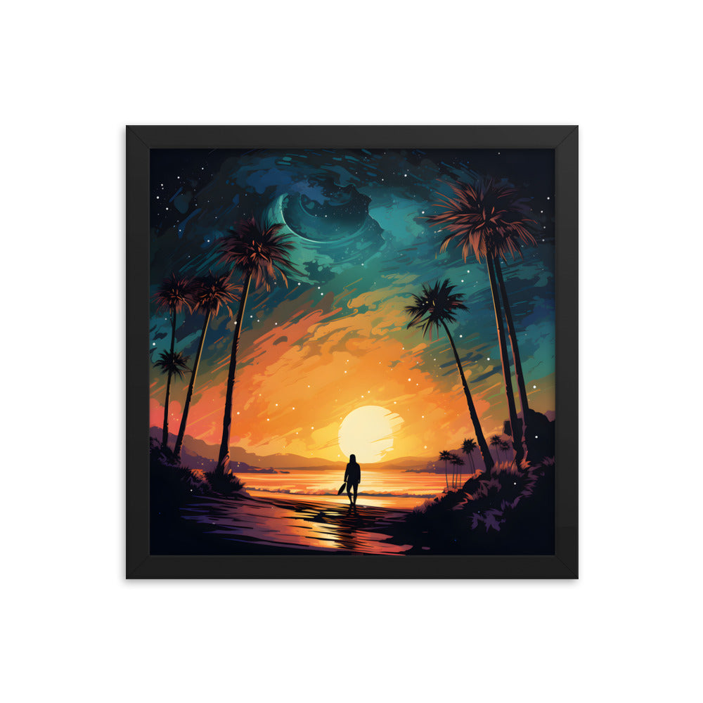 Framed Print Lifestyle/Ocean Side Artwork Smooth Ocean Water Dark Sunset Palm Tree Silhouettes Line The Pathway Large Sun Setting In Line With Perspective Moon Lit Star Filled Night Sky Framed Poster Artwork 14x14"