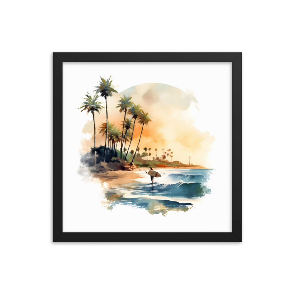 Framed Lifestyle/Ocean Side Artwork Stunning Watercolor Style Framed Painting Waves Surfer Surfing