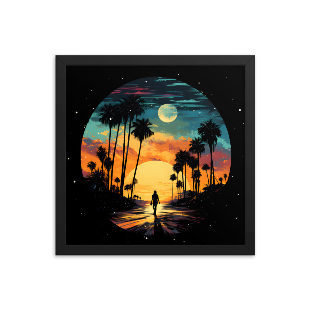 Framed Print Lifestyle/Ocean Side Artwork Dark Sunset Palm Tree Silhouettes Line The Pathway Large Sun Setting In Line With Perspective Moon Lit Star Filled Night Sky Framed Print Artwork 14x14"