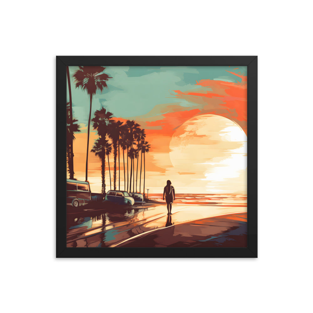 Framed Print artwork sunset watercolor oceanside framed painting Warm Colors Vintage Cars And A Large Sun Setting Into The Horizon Framed Print Artwork 14x14"