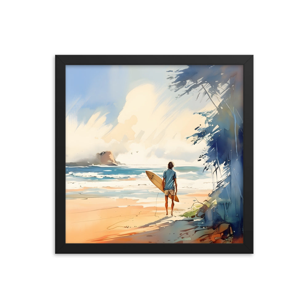 Framed Poster Beach Ocean Lifestyle Watercolor Style Painting Framed Artwork Print Surfer Looking Out For the Perfect Spot 14x14 inch Square