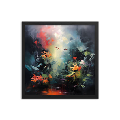 Framed Print Abstract Artwork Bright Vibrant Colorful Jungle Scene Moody Dense Abstract Art Framed Poster 16x16"