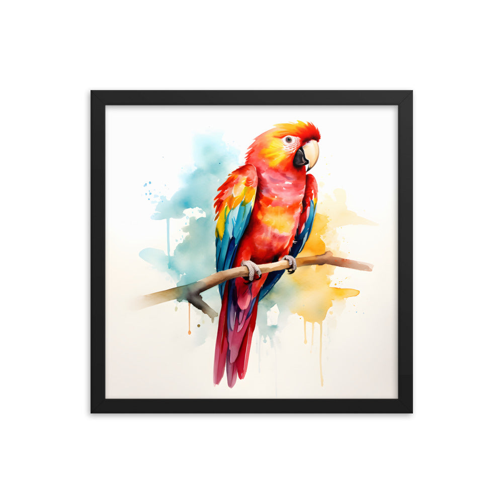 Framed Print Poster Artwork Bright Red Parrot With Rainbow Wings Perched On A Tree Branch Nature Influenced Water Color Painting Style 16x16"