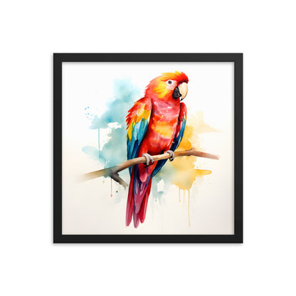 Framed Print Poster Artwork Bright Red Parrot With Rainbow Wings Perched On A Tree Branch Nature Influenced Water Color Painting Style 16x16"