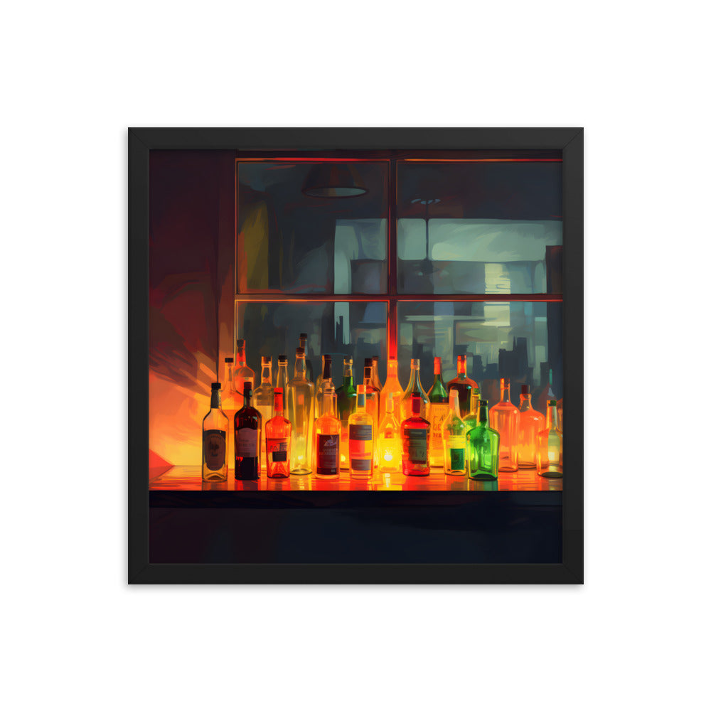 Framed Print Artwork Alcohol Bar Night Life Vibrant Colorful Well Lit Bar With Alcohol Bottles Lined Up Party Drinking Lifestyle Framed Poster 16x16"