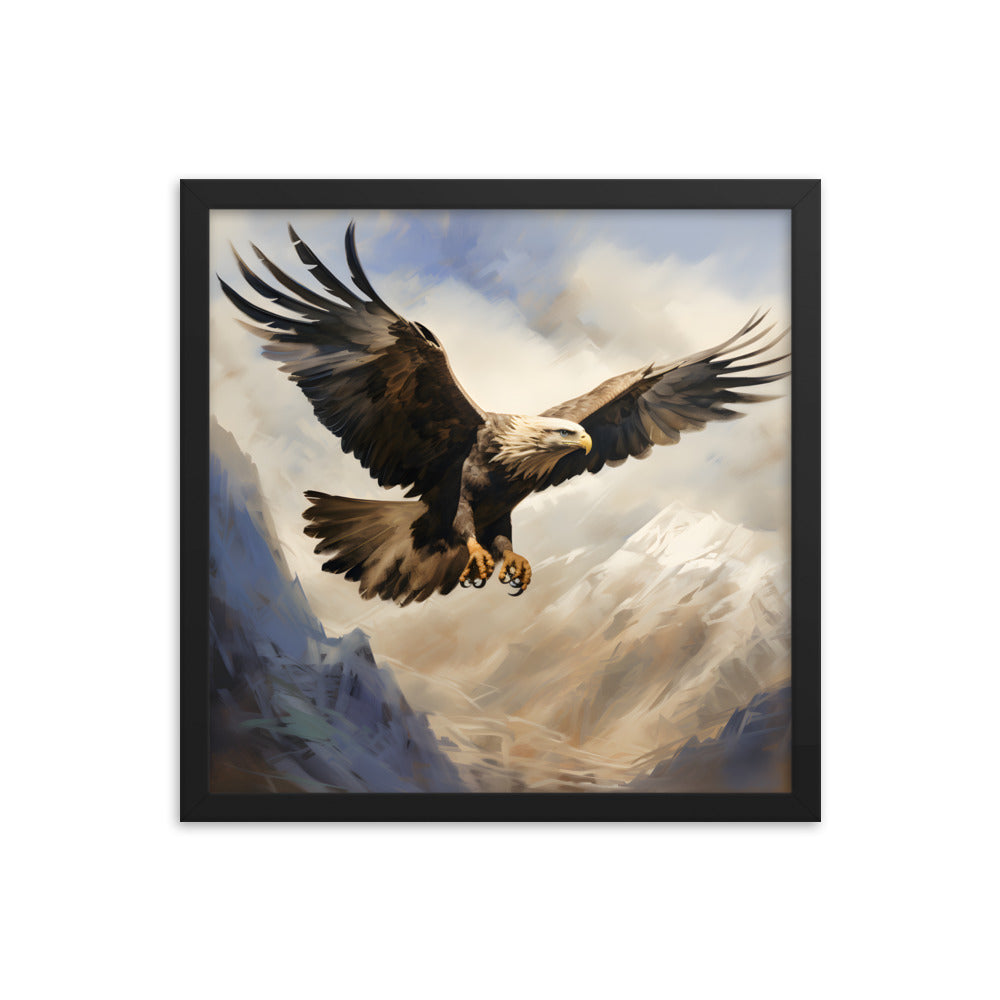 Framed Artwork Print Strong Soaring Bald Eagle Snowy Mountains Detailed Painting, Large Wing Span Mid Flight Ready To Swoop 16x16"