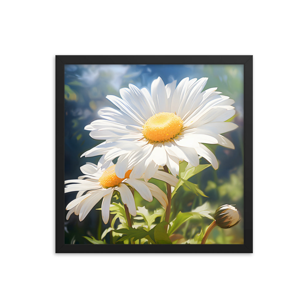 Framed Print Double Daisy Realistic Oil Painting Nature Inspired Artwork Stunning Sunlit Twin Daisy Blooming Oil Painting Style 16x16"