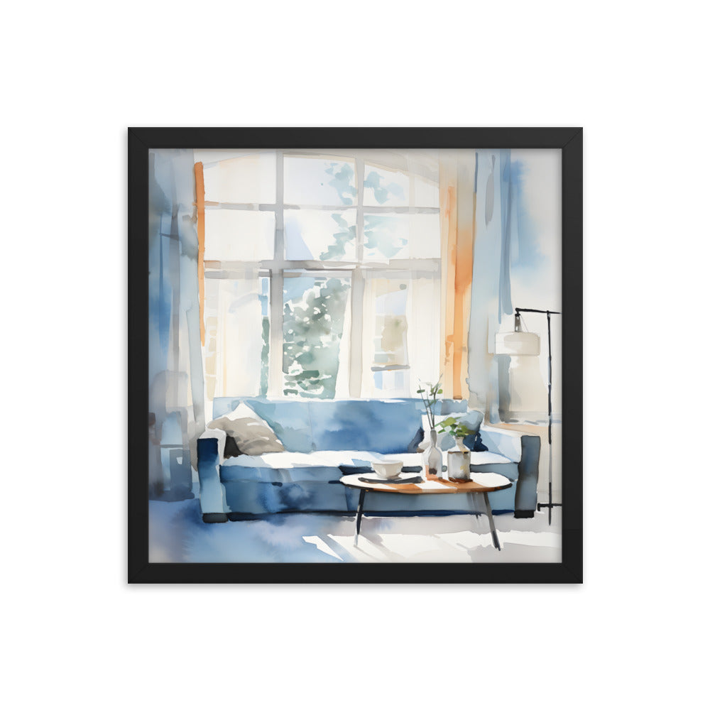 Framed Print Artwork Water Color Style Home Decor Large Windows Sun Lit Room Light Cool Colors Water Color Style Interior Design Lifestyle Framed Poster 16x16"