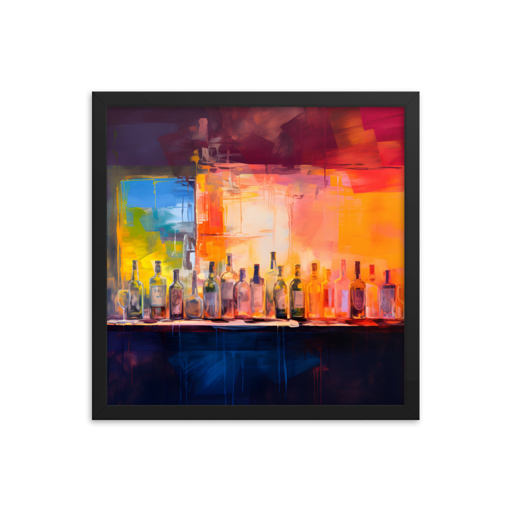 Framed Print Artwork Alcohol Bar Filled With Bottles Of Alcohol Night Life Vibrant Oil Painting Style Colorful Party Drinking Lifestyle Framed Poster 16x16"