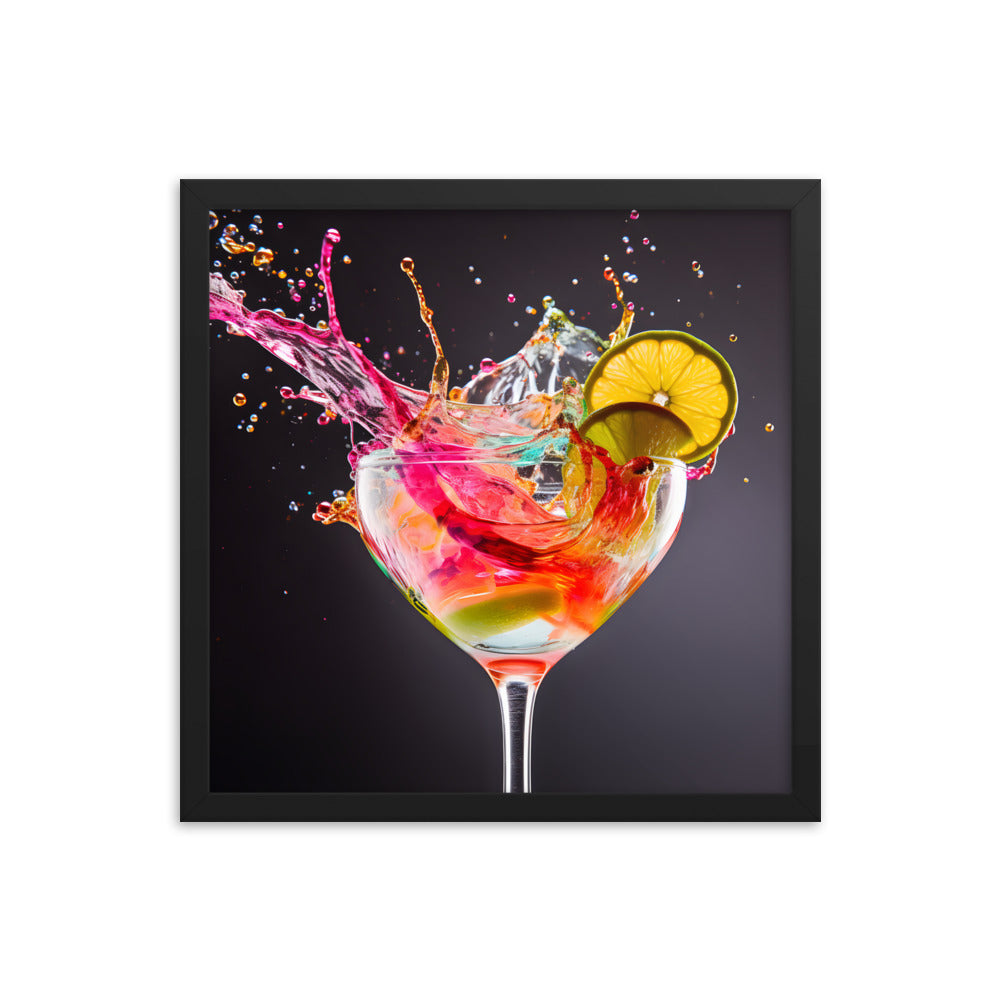 Framed Print Artwork Bright Colorful Cocktail Splashing Out Of The Glass Framed Poster Painting Alcohol Art 16x16"